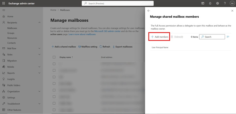 EAC Mailbox delegation settings for a shared mailbox.