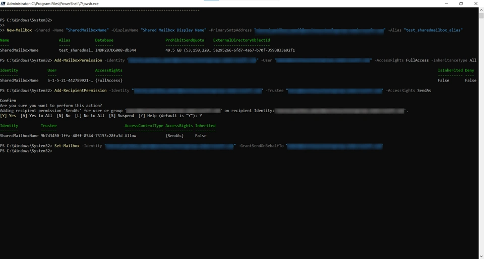 PowerShell command to create a new shared mailbox.