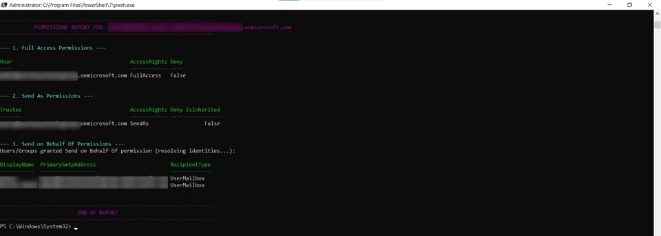 Custom PowerShell script showing shared mailbox permissions.