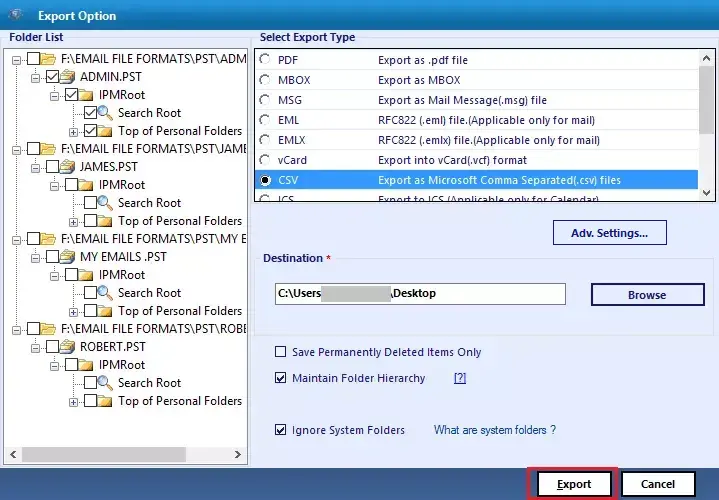 export pst to csv
