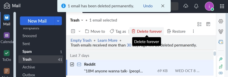 Delete Zoho Mail permanently and get back storage