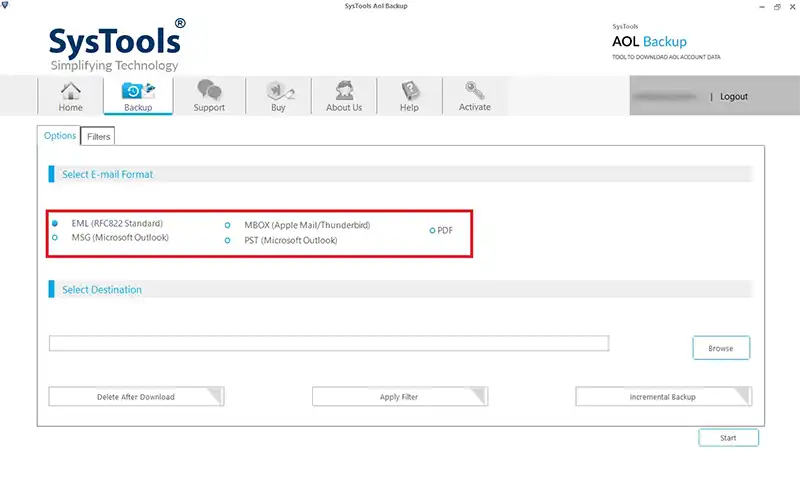 select format to download AOL mailbox