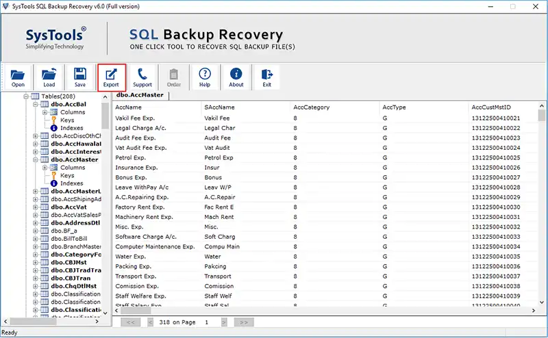 click export button to restore bak file in sql server database