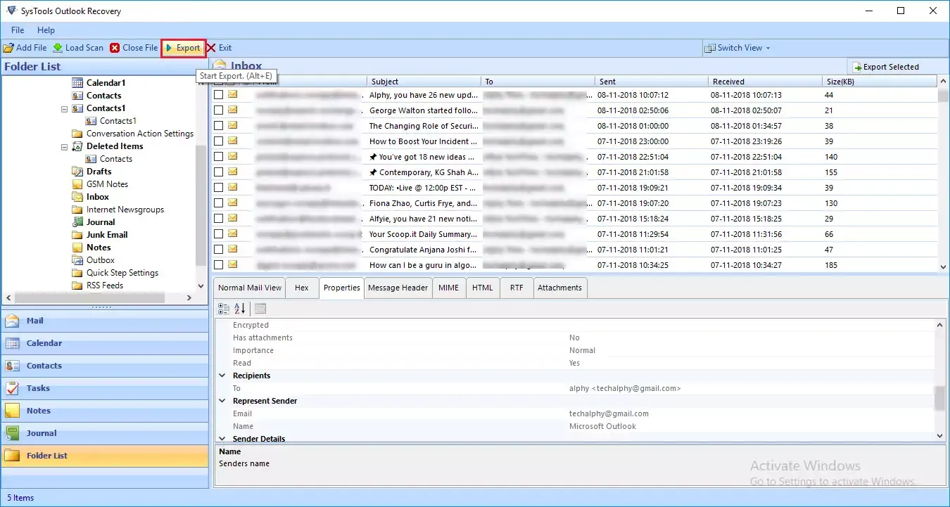 Export recovered PST file emails