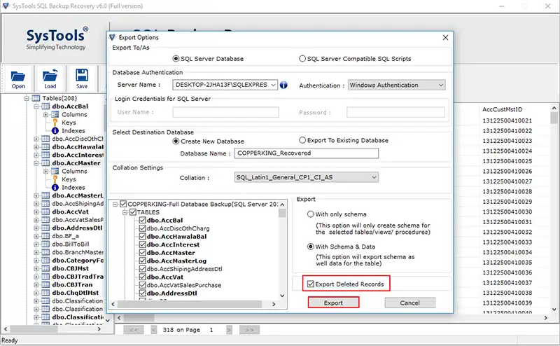 click export to export bak file in sql server database