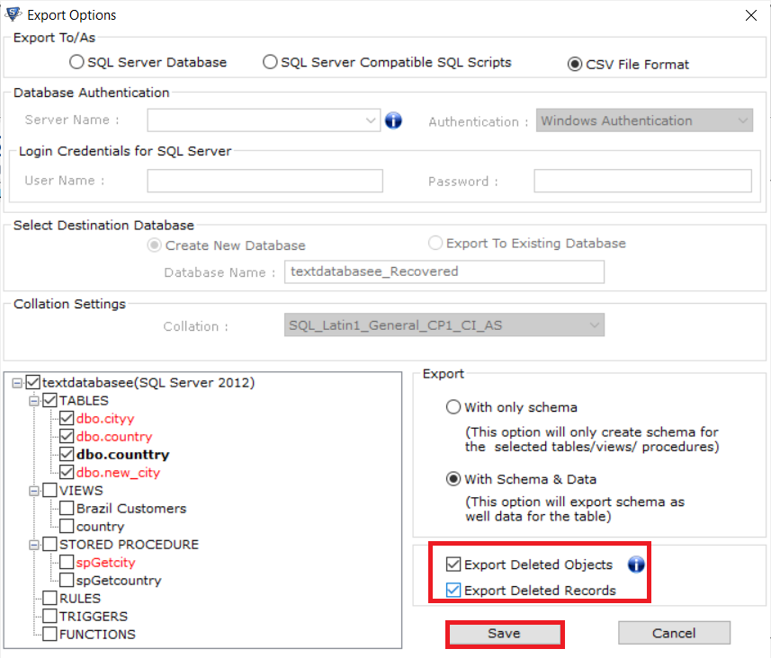 Select Export Options