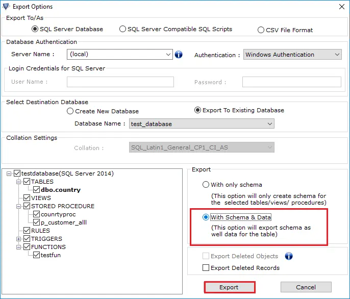 click export to repair MDF file