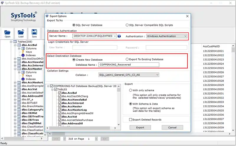 choose database authentication and destination