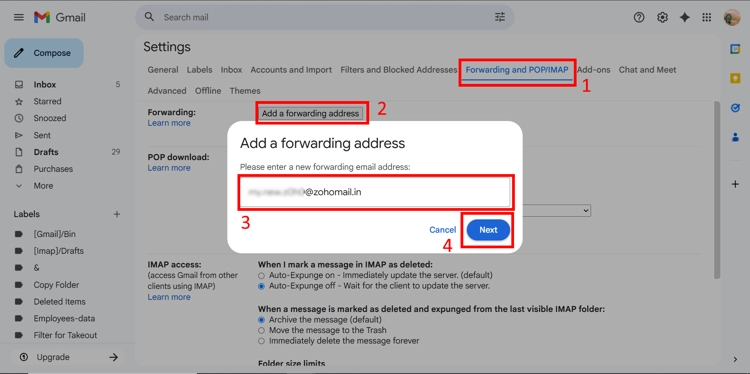 Adding destination Gmail forwarding address in Gmail