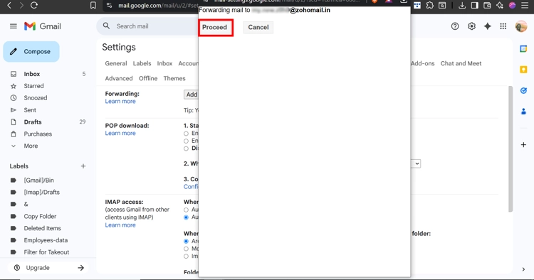 Confirm forwarding address for Gmail to Zoho migration