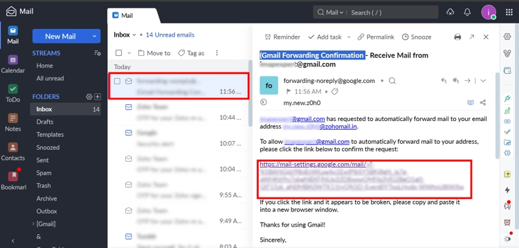 Confirmation email in Zoho to connect Gmail