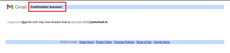 Success notification for email forwarding setup