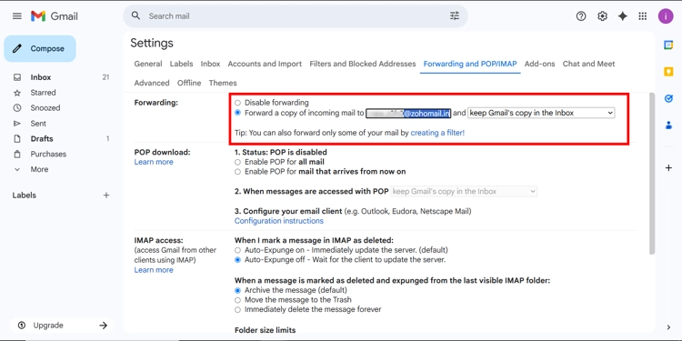 Enable forwarding option to transfer Gmail to Zoho mail
