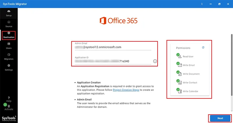 destination details for Google Gmail to Office 365