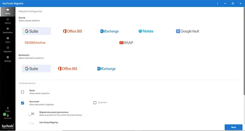 choose g suite as source & destination
