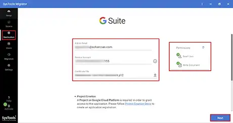 enter destination account detail