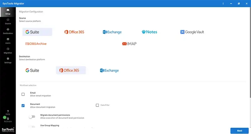 select source and destination