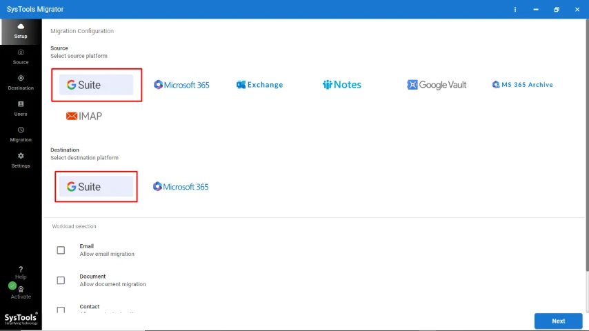 choose g suite as source & destination