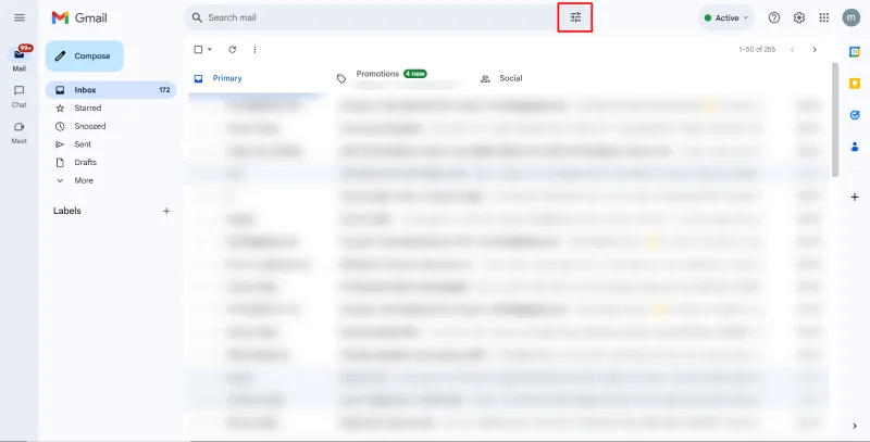 Gmail inbox with 'Show search options' icon highlighted.