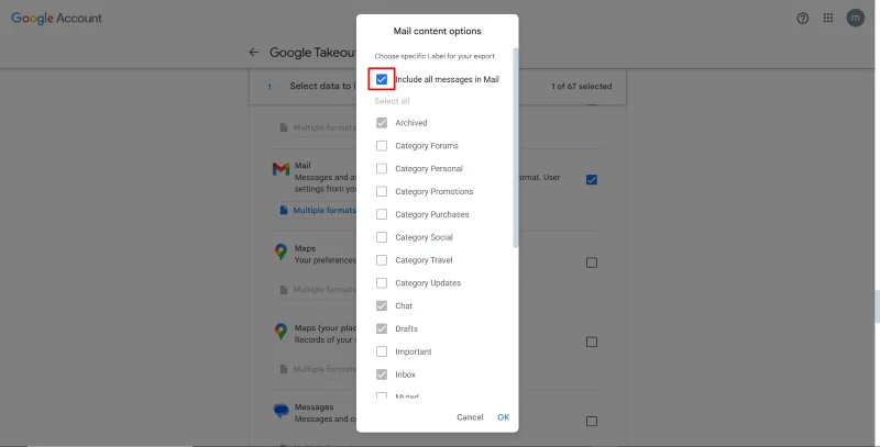 Google Takeout 'Mail content options' pop-up with 'Include all messages in Mail' checkbox highlighted and unchecked.