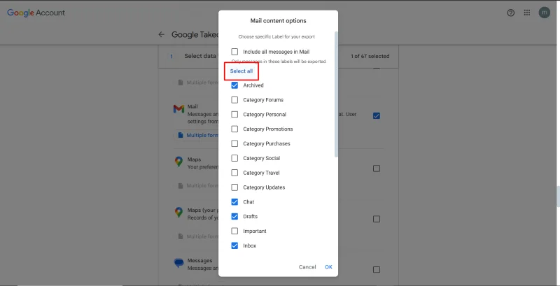 Google Takeout 'Mail content options' pop-up with 'Select all' button highlighted.