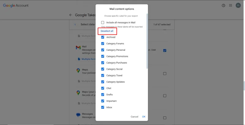 Google Takeout 'Mail content options' pop-up with 'Deselect all' button highlighted.