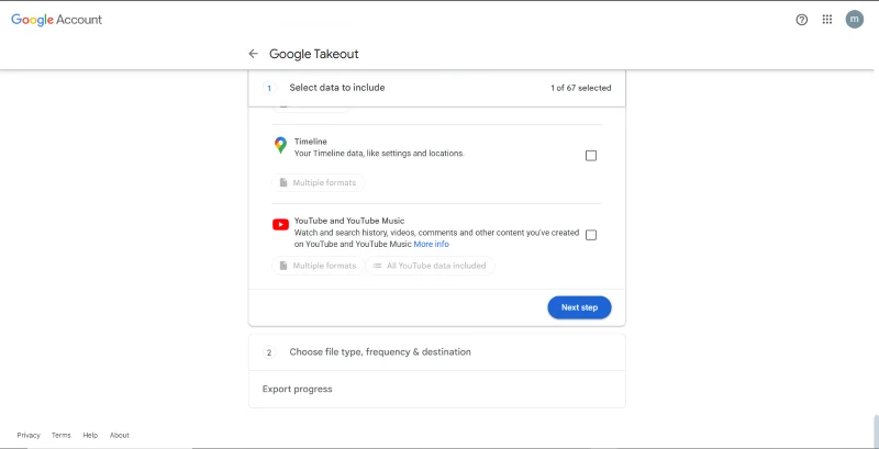 Google Takeout product selection page scrolled down, with 'Next step' button highlighted.