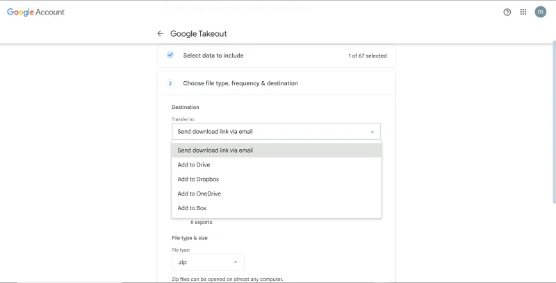 Google Takeout export options showing 'Destination' dropdown with 'Send download link via email' selected.