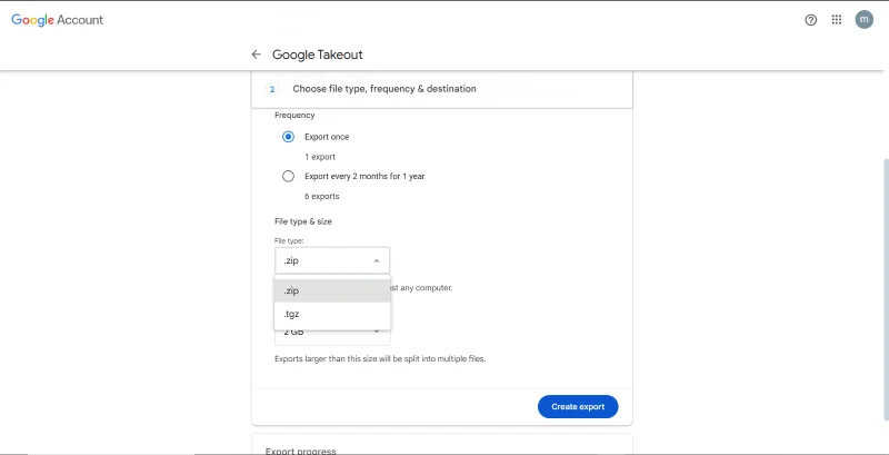 Google Takeout export options showing 'File type' dropdown with '.zip' selected.