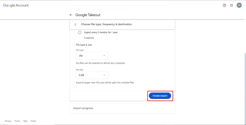 Google Takeout export options page with 'Create export' button highlighted.