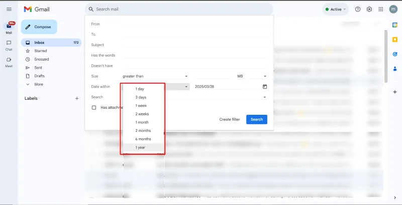 Gmail advanced search pop-up with 'Date within' dropdown highlighted.