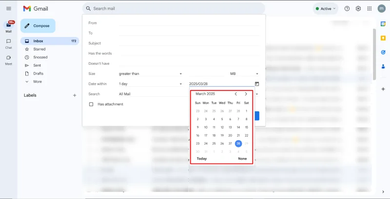 Gmail advanced search pop-up with calendar selector open and highlighted.