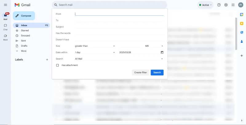Gmail advanced search pop-up with the 'Search' button highlighted.