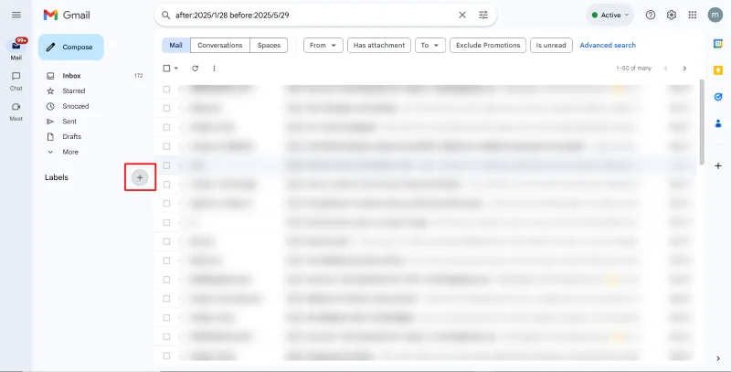 Gmail sidebar with the '+' icon next to 'Labels' highlighted.
