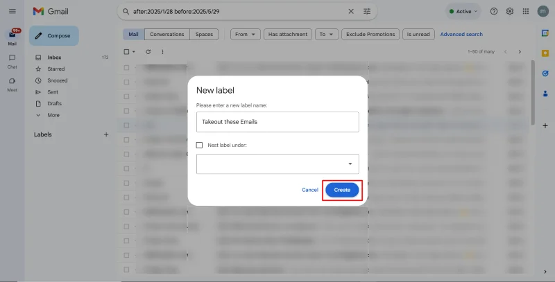Gmail 'New label' pop-up with 'Takeout these Emails' being typed.