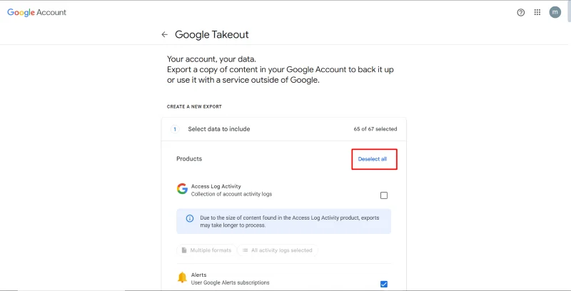 Google Takeout product selection page with 'Deselect all' button highlighted.