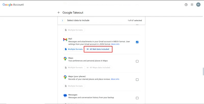 Google Takeout product selection page showing 'Mail' selected, with 'All Mail data included' button highlighted.