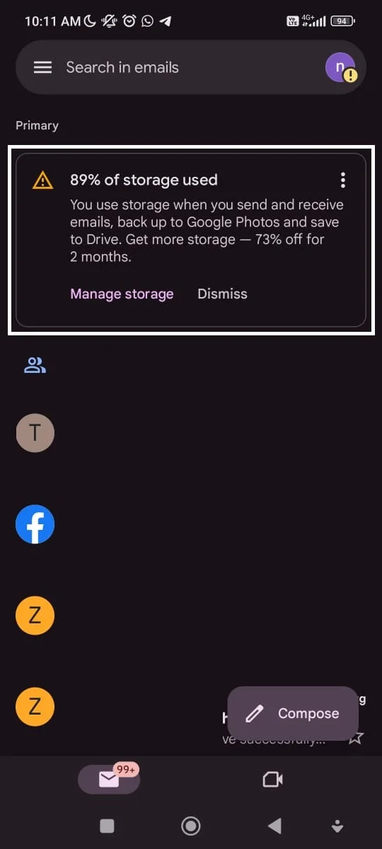 gmail full error alert on mobile