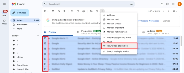 Selecting 'Forward as attachment' to import Gmail to Zoho
