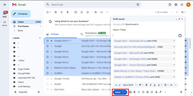 Composing an email with EML attachments for Zoho
