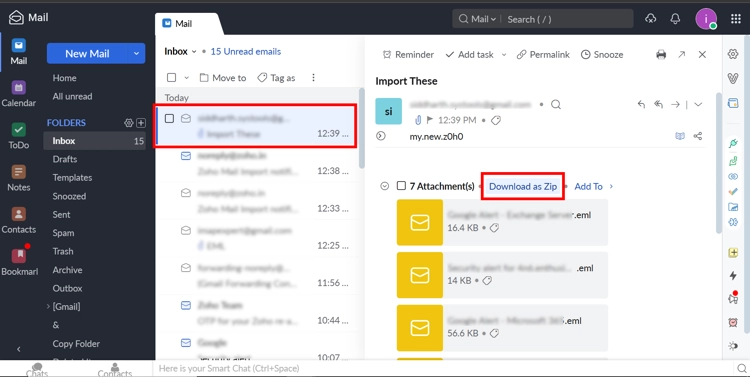 Downloading EML files as a zip in Zoho