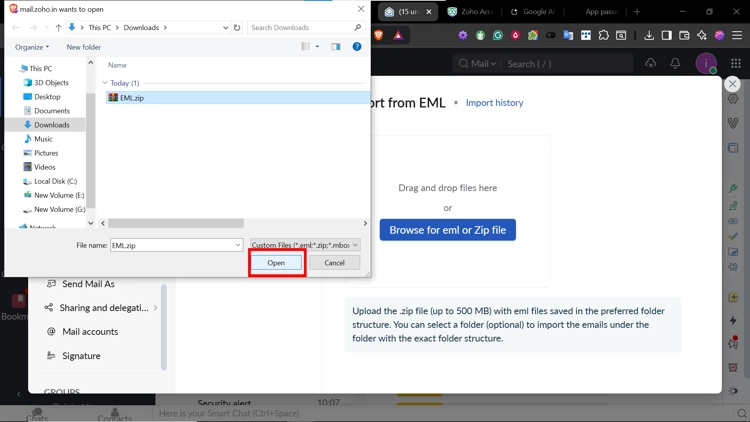 Importing the EML zip file into Zoho Mail