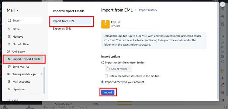 Choosing import options for Gmail to Zoho migration