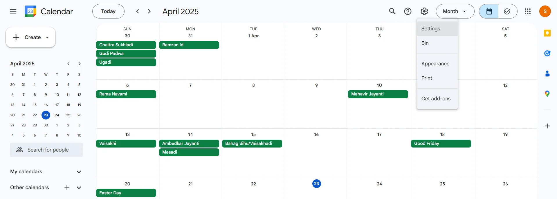 Screenshot of Google Calendar showing the settings cog icon in the top right corner.