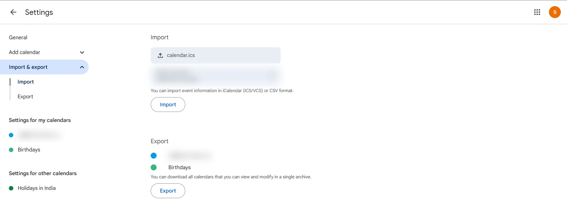 Screenshot of Google Calendar settings showing the 'Import & export' section with options to select file and choose destination calendar.