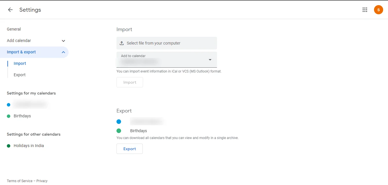 Calendar Export Menu