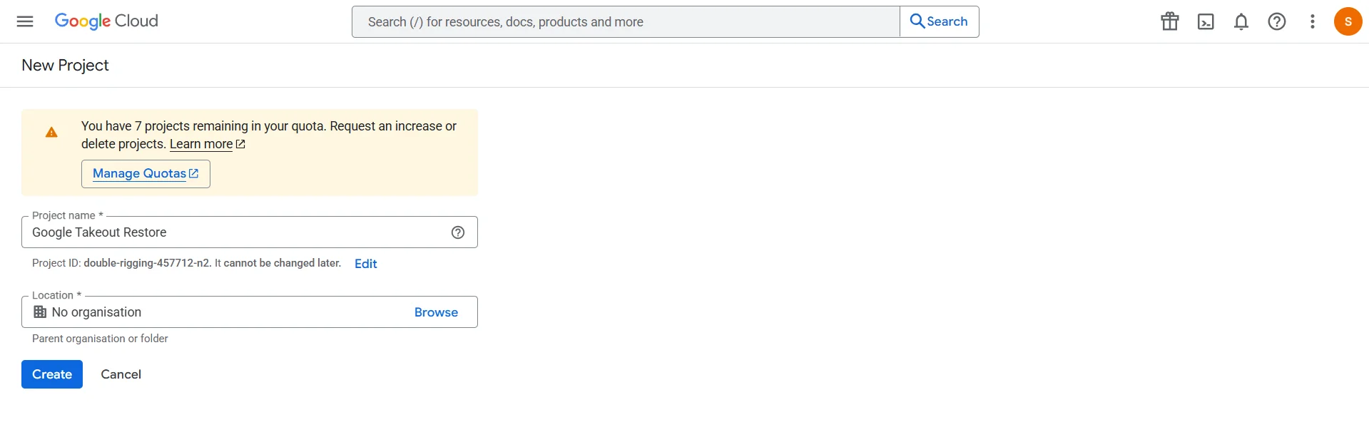Screenshot of Google Cloud Console dashboard highlighting the option to create a new project.