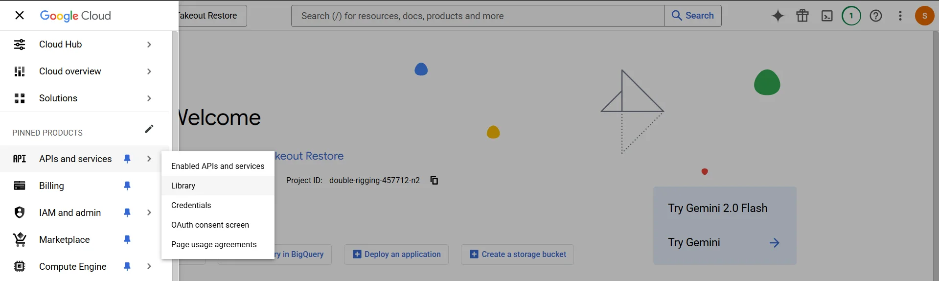 Screenshot of Google Cloud Console navigation menu showing 'APIs & Services' expanded and 'Library' selected.