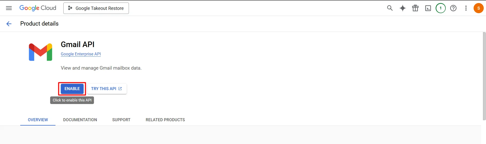 Screenshot of Google Cloud API Library showing search results for relevant APIs like Drive and Gmail, with options to enable them.