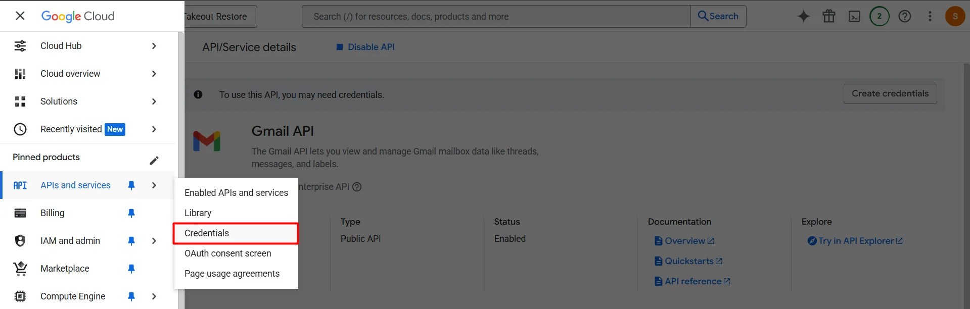 Screenshot of Google Cloud Console navigation menu showing 'APIs & Services' selected and the 'Credentials' option highlighted.
